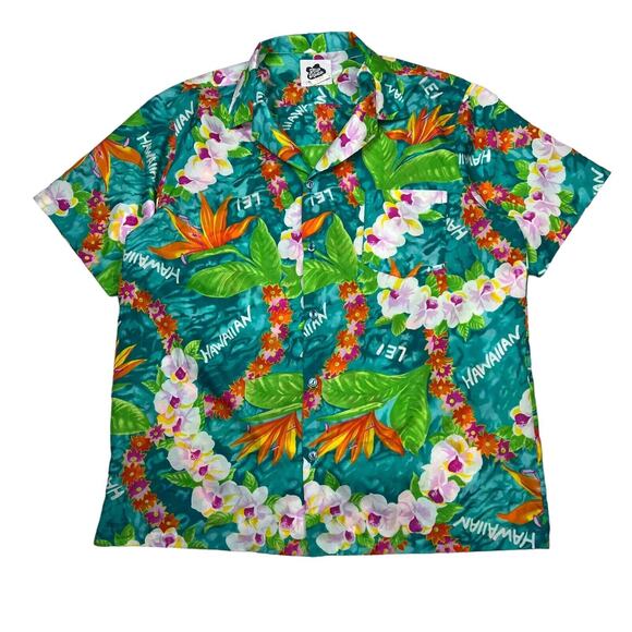 Hilo Hattie VTG 80s Hawaiian AOP Casual Button Up Camp Shirt Aqua Blue Mens XL - Picture 1 of 5